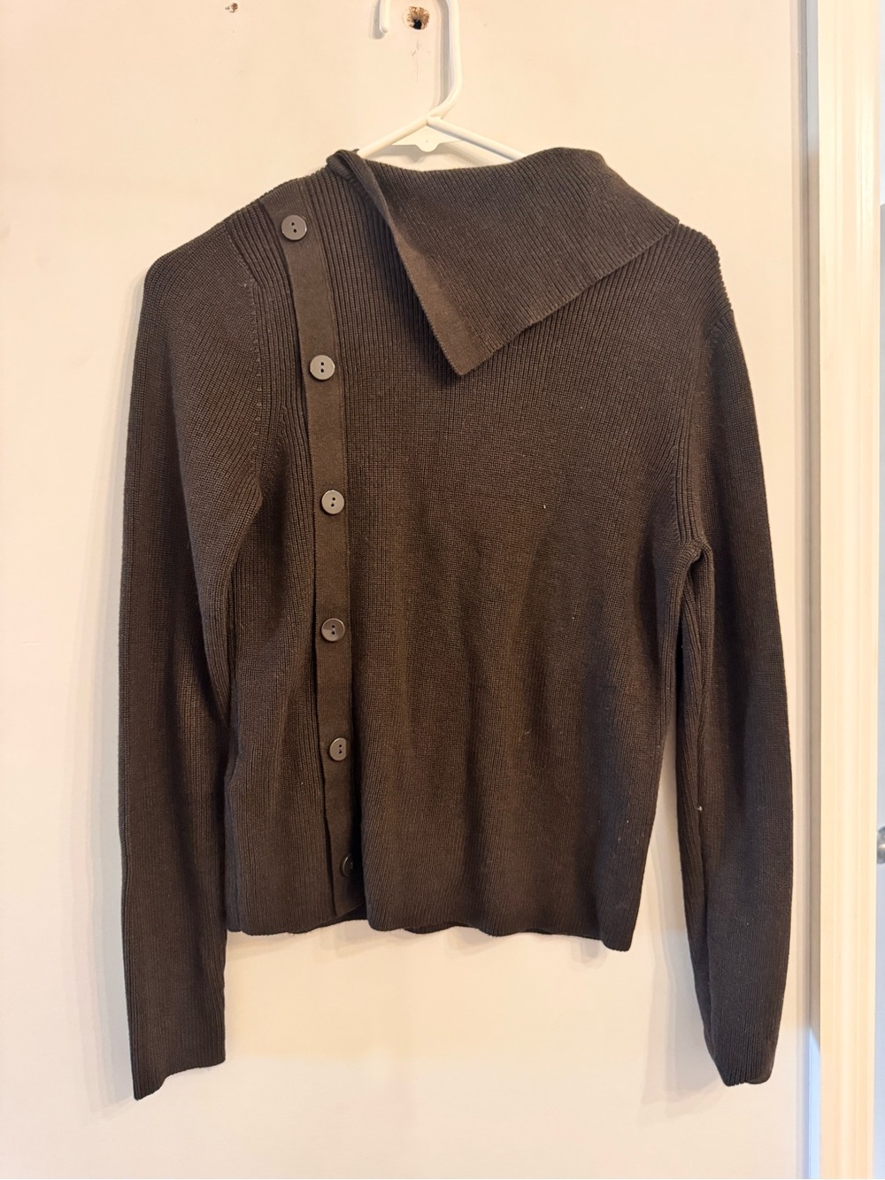 Mango Ribbed Shawl-Collar Knit Sweater in Dark Brown